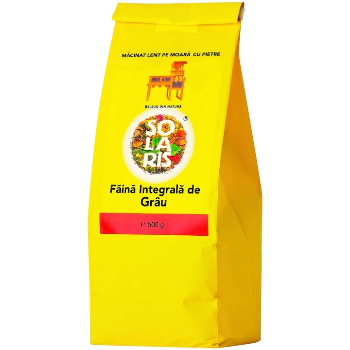 Faina integrala de Grau romanesc 100% natural, macinata lent pe moara cu pietre, 500g, Solaris Plant