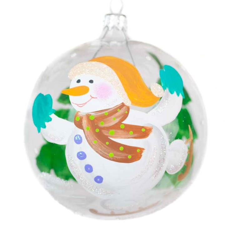 Glob de sticla cu om de zapada la patinoar, pictat manual