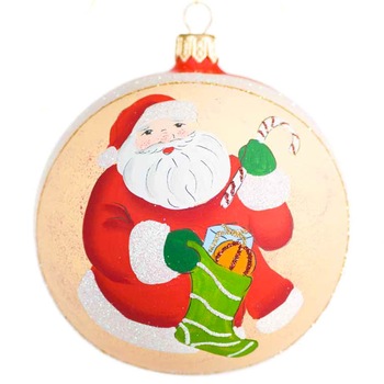 Glob de sticla, 10 cm, rosu cu crem, Mos Nicolae cu cizmulita, pictat manual Glob de sticla, 10 cm, rosu cu crem, Mos Nicolae cu cizmulita, pictat manual