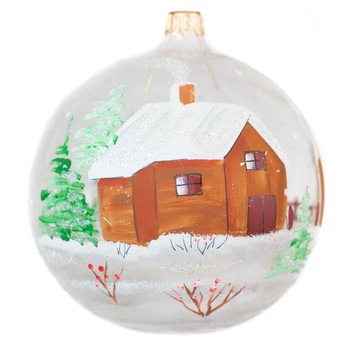 Glob de sticla, 10 cm, transparent cu casute, pictat manual Glob de sticla, 10 cm, transparent cu casute, pictat manual