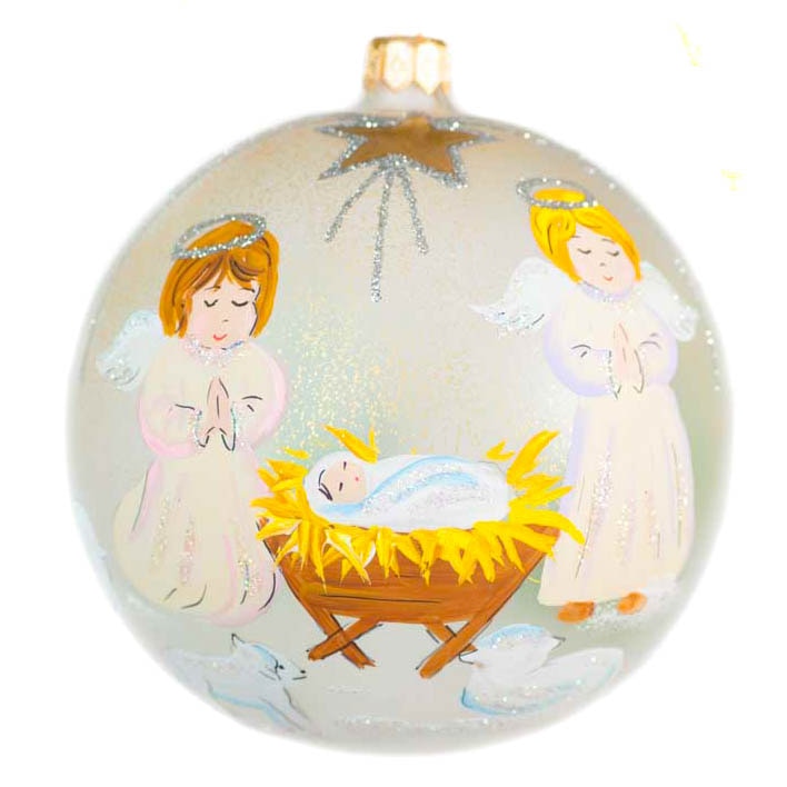 Glob de sticla, 10 cm, crem mat cu Nasterea lui Isus, pictat manual