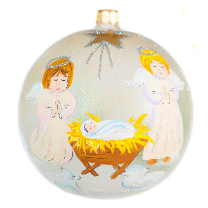 Glob de sticla, 10 cm, crem mat cu Nasterea lui Isus, pictat manual