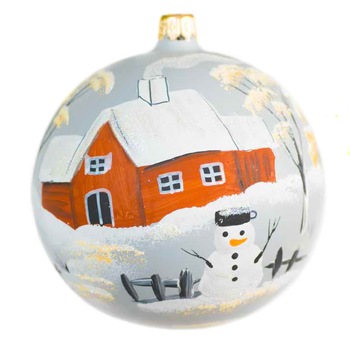 Glob de sticla, 10 cm, gri cu peisaj placut de iarna cu om de zapada, pictat manual Glob de sticla, 10 cm, gri cu peisaj placut de iarna cu om de zapada, pictat manual