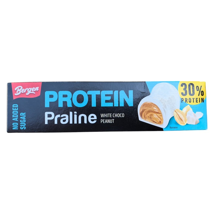 Pralina proteica cu alune si ciocolata alba, fara zahar adaugat – 50 g Bergen