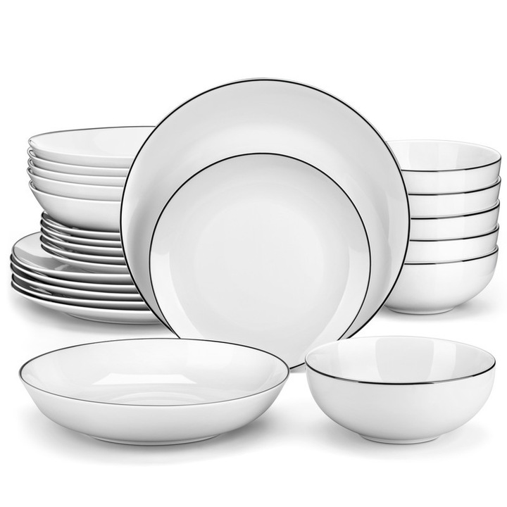 24 darabos étkészlet, Malacasa, porcelán, krémfehér, fekete szegéllyel, 6 személyre, tányérok, tálak, optimális mélység 1080 ml, 700 ml