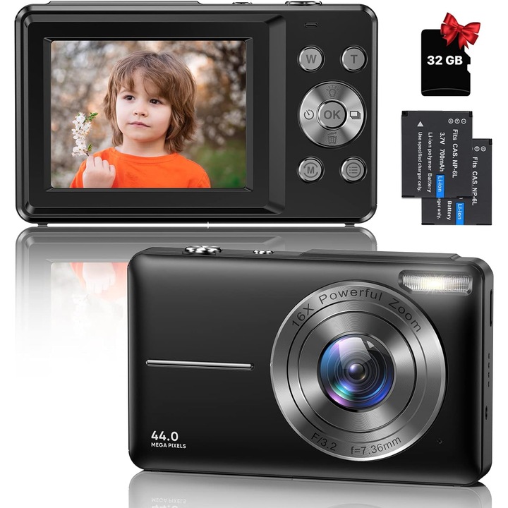 Компактен фотоапарат Lynker, HD 1080P, 44MP, 16x цифрово увеличение, черен, комплект с 2 батерии и 32G карта памет