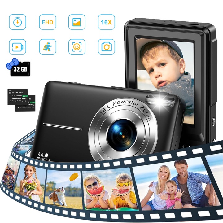 Camera foto compacta Lynker, aparat foto digital HD pentru acasa, mini aparat foto pentru copii, HD 1080P, 48MP, zoom digital 16x, neagra, set cu 2 baterii si card de memorie 32G, blit de umplere incorporat, portabil, Negru
