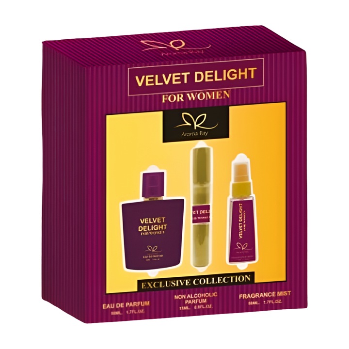 Дамски парфюм, AROMA RAY, VELVET DELIGHT, комплект, Тоалетна вода 50мл, Парфюм 15мл, Спрей 50мл