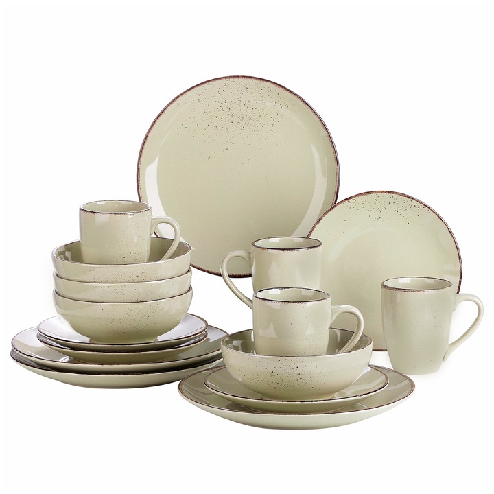 Set de masa 16 piese, Vancasso Navia, ceramica, bej cu stropi negri, pentru 4 persoane