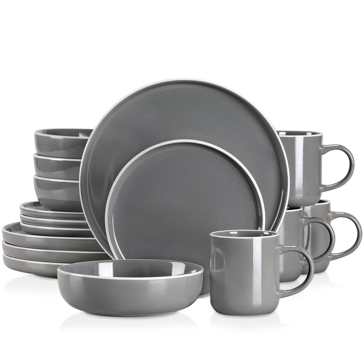 Set de masa Vancasso SESAM 16 piese ceramica gri, 4 farfurii, 4 farfurii de desert, 4 boluri de supa, 4 cani, design modern, rotund, multicolor