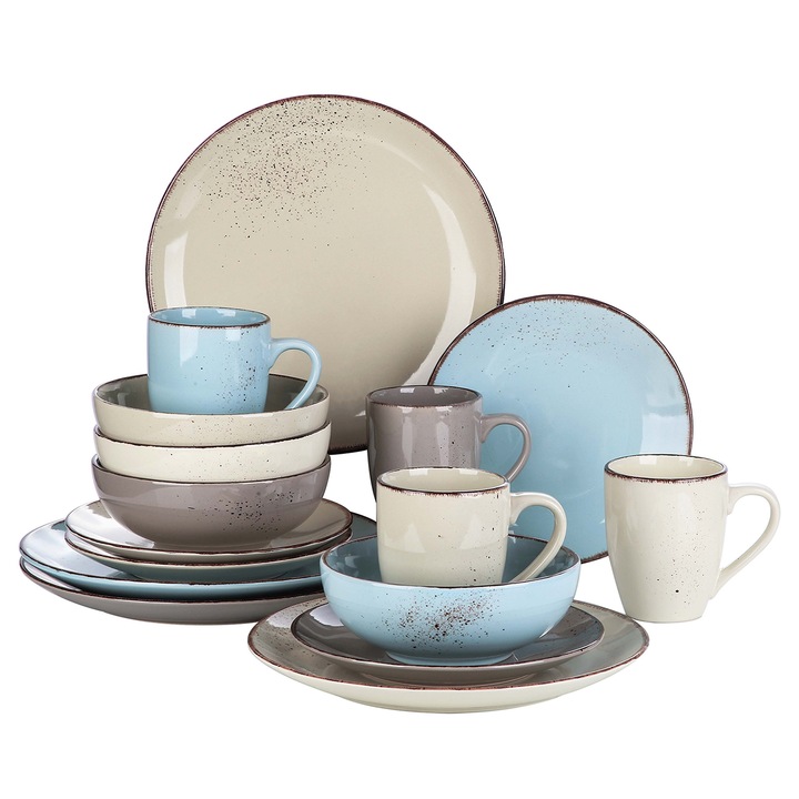 Set de masa 16 piese, Vancasso Navia, ceramica, bej cu stropi negri, pentru 4 persoane