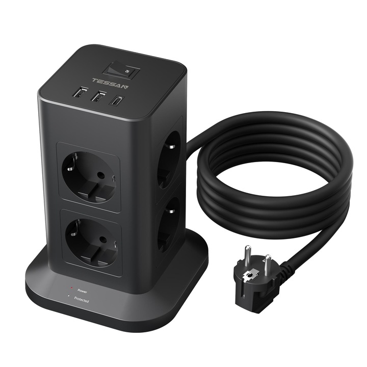 Разклонител с кабел TESSAN, 8 гнезда, 2 USB-A, 1 USB-C, защита от пренапрежение, бутон ON/OFF, макс. 3600W, 1.5 метра кабел, черен цвят