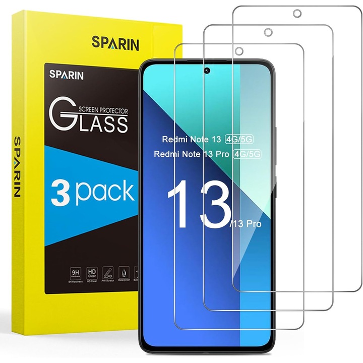 Set 3 Folii de Sticla SPARIN pentru Xiaomi Redmi Note 13/13 Pro (6.67"), Duritate 9H, Rezistente la Zgarieturi