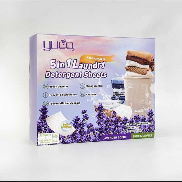 Detergent Rufe 5 in 1 Tip Servetel – 50 Buc (100 Spalari), Se Dizolva Instant, Compact, Usor de Folosit, Parfum Elegant de Lavanda