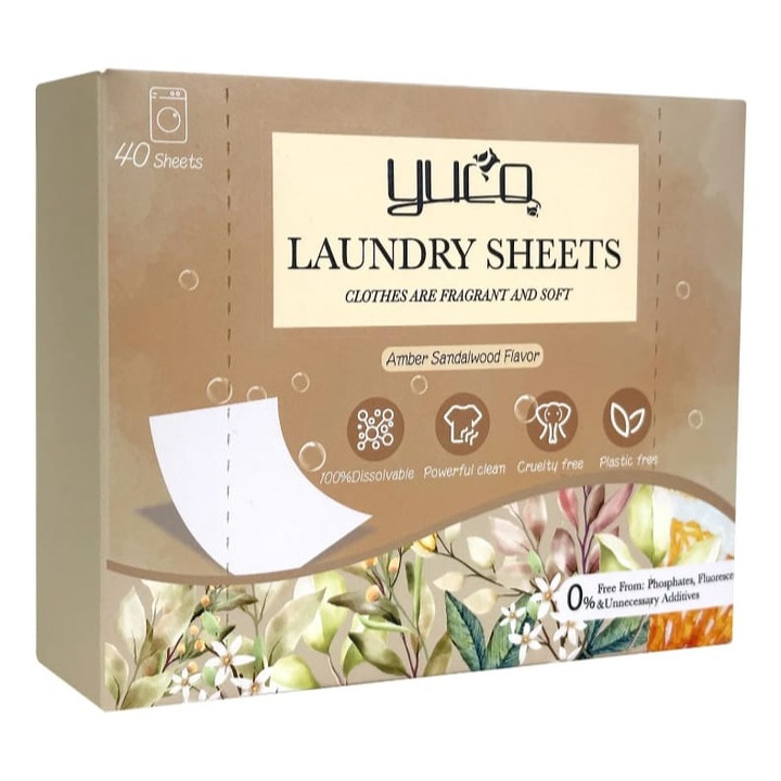 Detergent Inovator pentru Rufe – 40 Servetele (80 Spalari), Tehnologie Rapida Solubila, Fara Plastic, Parfum Distins de Lemn de Santal si Chihlimbar