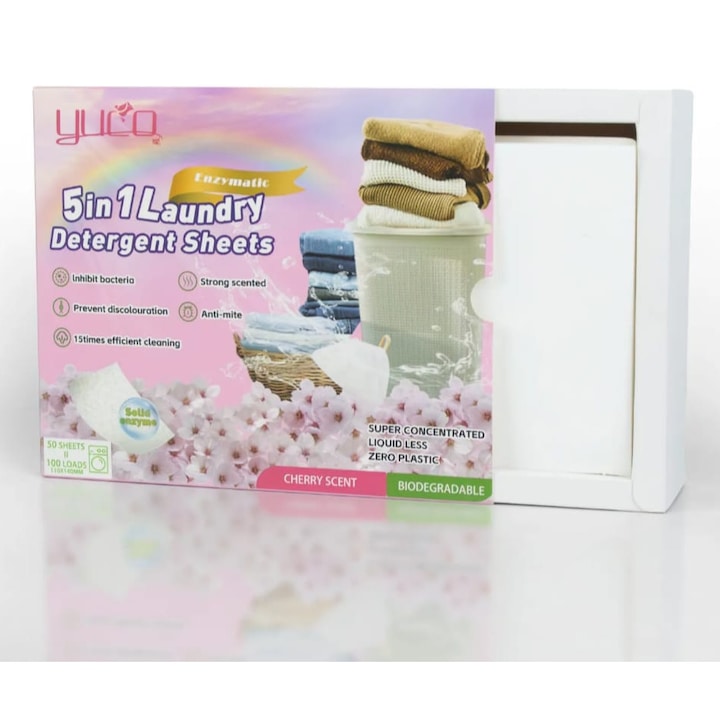 Detergent Rufe 5 IN 1 Inovator 50 Servetele = 100 Spalari, Tehnologie Solubila in 10 secunde, Fara Plastic, Parfum Personalizat din Flori de Cires
