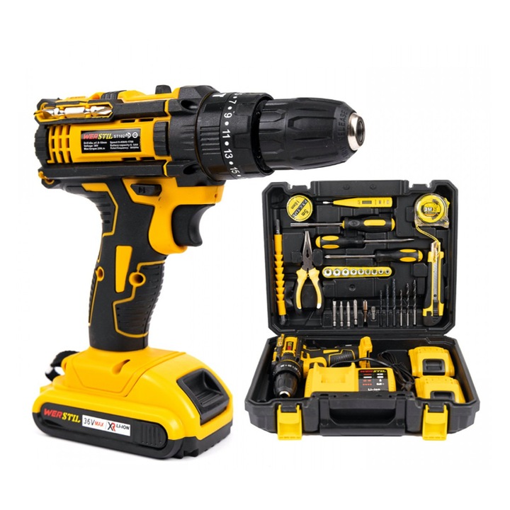 Trusa Bormasina 36V, OPTIM SOLUTION, Autofiletanta, 2 Acumulatori Li-Ion, Viteza Rotatie 450-1700 RPM, 18 Trepte Ajustare, 5 Ah, 6 x Burghie, 2 x Prelungitoare Bit, 9 x Tubulare, 6 x Biti, Mandrina Automata (10 mm), Set 30 Accesorii, Negru/Galben