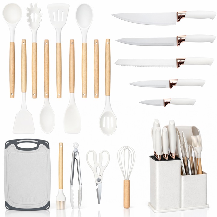 Set Ustensile Bucatarie Macvi® 19 Piese Silicon Termorezistent si Bambus, Cutite Inox, Suport Organizator Compact, Design Alb Elegant