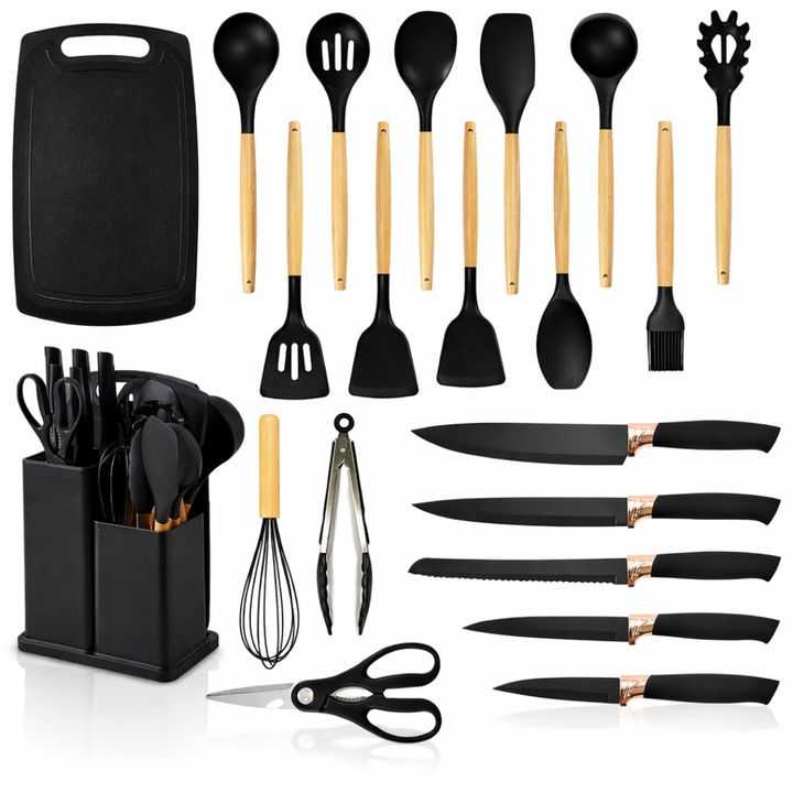 Set Ustensile Bucatarie Macvi® 19 Piese Silicon Termorezistent si Bambus, Cutite Inox, Suport Organizator Compact, Design Negru Elegant