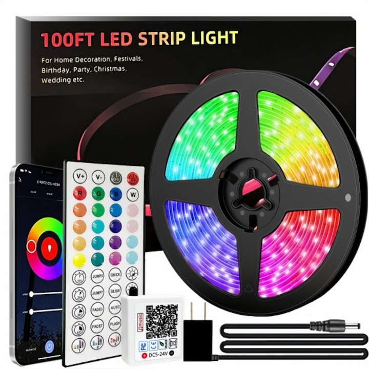 Лента с LED, 10м, 30 светодиода/м, RGB, управление чрез мобилно приложение, музикален режим, за вътрешна употреба