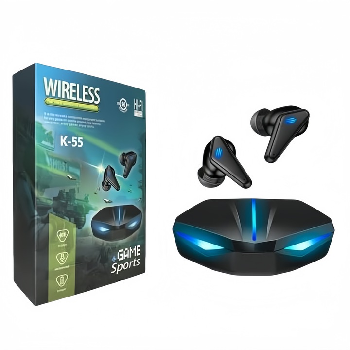 K55 vezeték nélküli Bluetooth gamer fülhallgató, Bluetooth V5.3 65 ms alacsony késleltetéssel, IPX5 vízálló, 3 lyukú zajszűrő, kettős üzemmódú TWS, ideális Call of Duty, PUBG, Fortnite és más játékosok számára