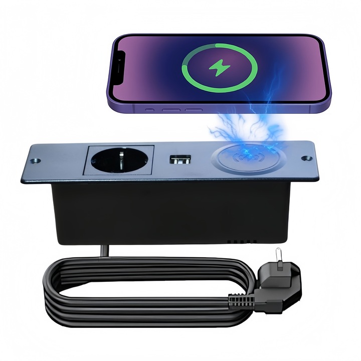 Вграден контакт с 15 W безжично зарядно, монтажен контакт с 2 USB порта (20 W), 2-метров кабел, контакт за маса, подходящ за конферентни маси, работни плотове и масички за дивани, 195x60x50 мм, черен