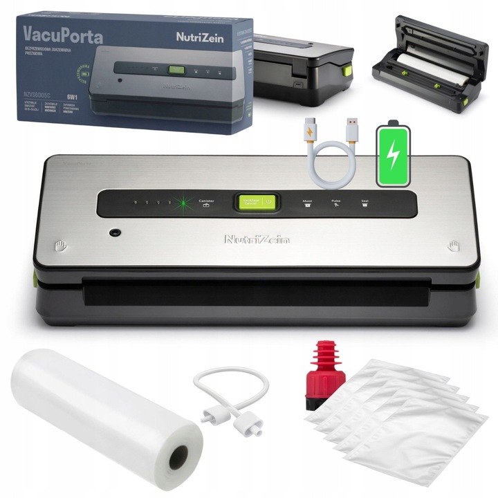 Nutrizein Vacuporta Nzvs6005C 6 az 1-ben vákuumozó készlet, Nutrizein, Nzvs6005C, 2000 mAh, 80 W, 30 cm szélesség, 9 l/perc kapacitás, 385 x 147 x 85 mm, többszínű, 1 x vákuumfólia, 1 tekercs fólia, 5 zacskó, folyadékzáró dugó