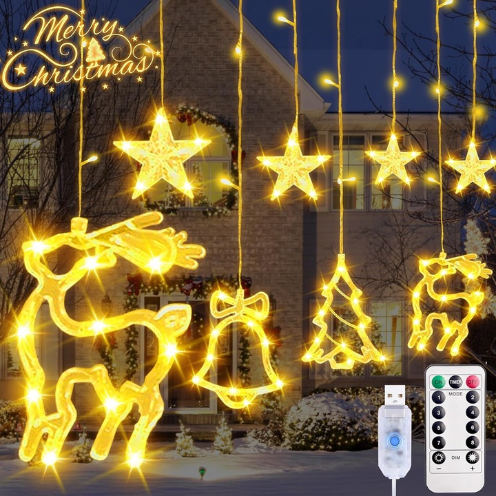 Cortina luminoasa de Craciun, 138 LED-uri Luminite de Craciun, Instalatie de 3, 3 m Steaua de Craciun Clopotel de ren 8 moduri Lumini decorative de Craciun