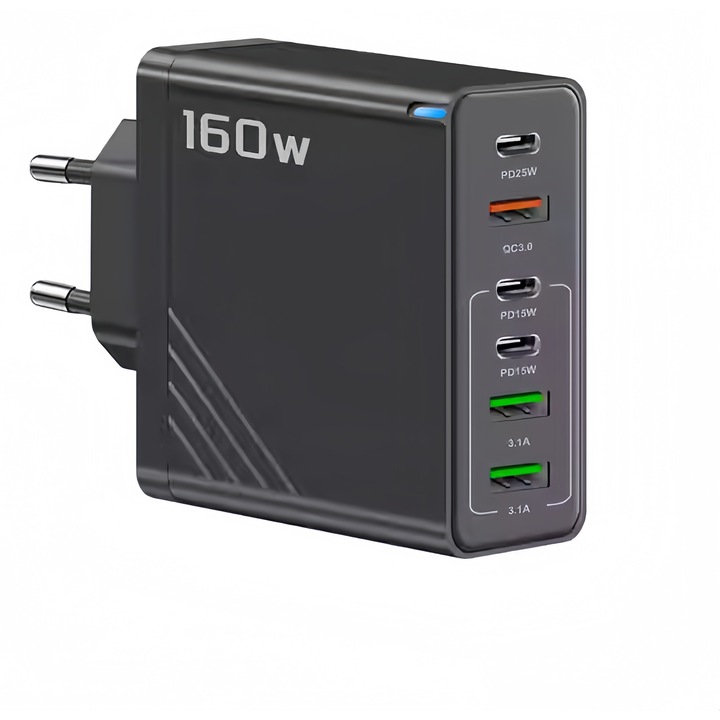 6 portos gyorstöltő, MDUG, 160W, 3 USB port + 3 C port, fekete