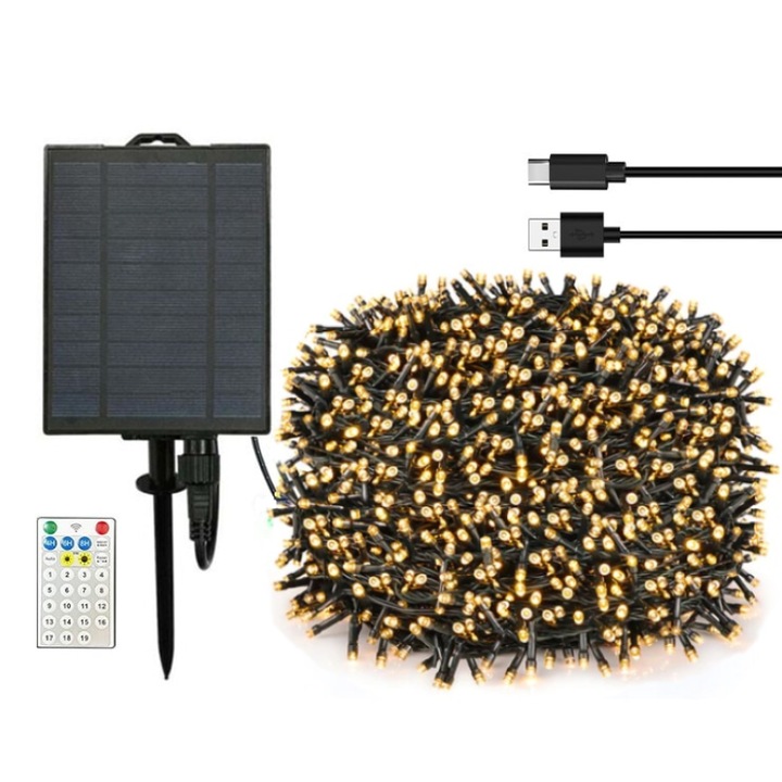 Instalatie Craciun Solara si USB, 50 metri, 500 leduri, 2200Mha, 19 jocuri de lumini, telecomanda profesionala, Galben-Alb Cald