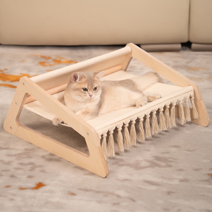 CheerPals Pat pentru pisici inaltat, canapea pentru pisici din lemn de mesteacan si tesatura de bumbac, 53 x 48 cm Scaun pentru pisici pentru dormit, potrivit pentru toate pisicile