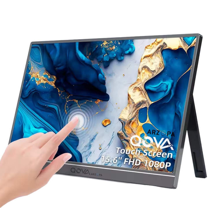 Arzopa & Qova® 15,6"-os Full HD 1080p hordozható érintőképernyős monitor, 10 érintési pont, USB-C/HDMI, HDR, 9,3 mm-es vastagság, sztereó hangszórók, beépített állvány – kompatibilis laptoppal, telefonnal, játékkonzollal, szemvédelem, fémház