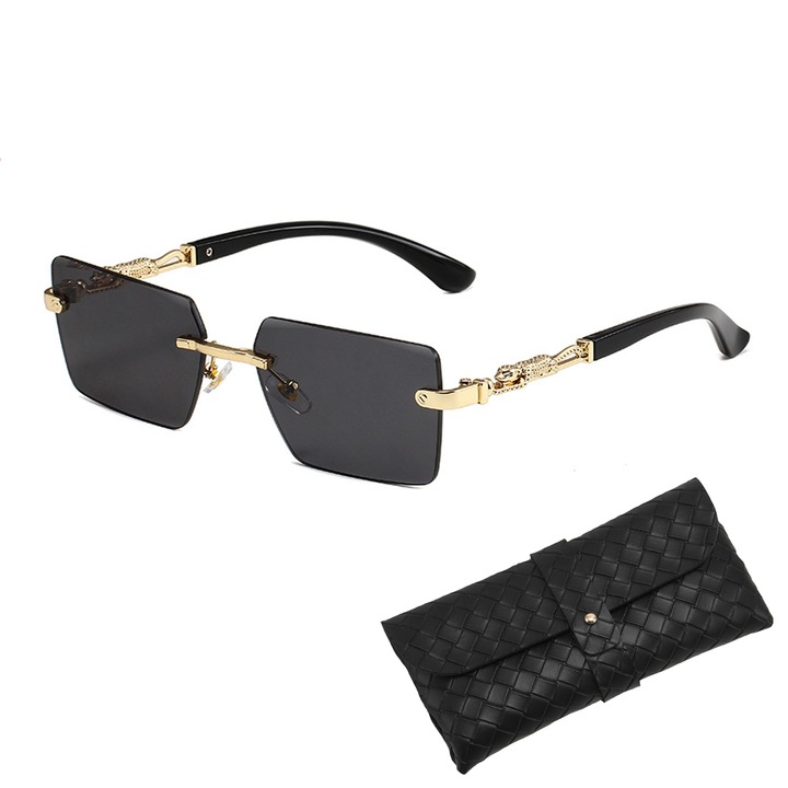 Дамски слънчеви очила, TREXORA, без рамка, металически, UV400 защита, леопардова декорация, черни, златисти, един размер