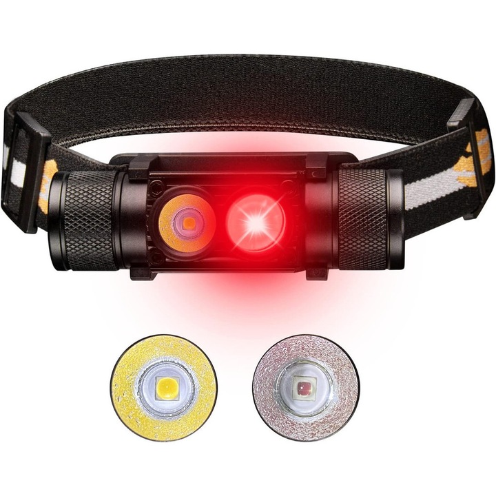 Lanterna de cap LED BUANIERT®, 2000 lumeni max, 5 moduri lumina, 300 metri distanta, 7500K, 2200 mAh, Waterproof IPX6, Profesionala, Cablu de incarcare, negru