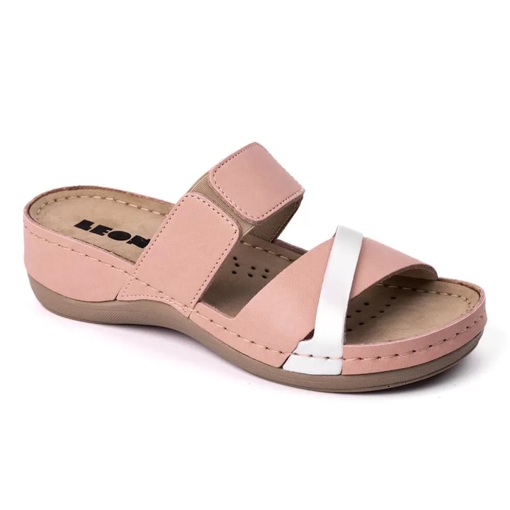 Saboti dama, din piele, de vara, Leon 909, Roz, Roz, 38