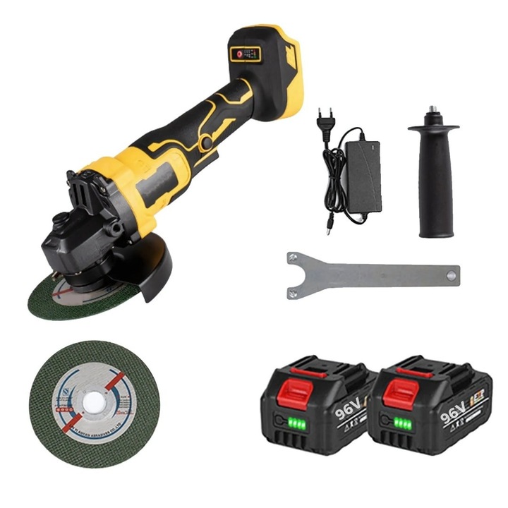 Macvi® 96V akkus sarokcsiszoló szénkefe nélküli motorral, 15.0Ah akkumulátorral, 10,000 fordulat/perc, 3 sebességfokozattal, 125 mm-es tárcsa, túlterhelésvédelemmel, akkumulátortöltöttség-kijelzővel