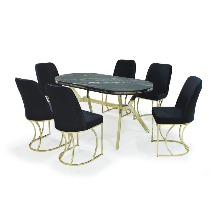 Set masa ovala Expomob TIMARA, dimensiune 160x80 cm, culoare marmura luanda + auriu, cu 6 scaune negru + auriu