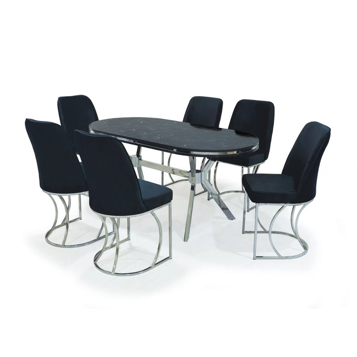 Set masa ovala Expomob TIMARA, dimensiune 160x80 cm, culoare marmura cosmos + argintiu, cu 6 scaune negru + argintiu
