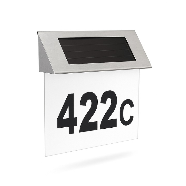 Numar de Casa Barste, incarcare solara si Iluminare LED, fabricat din Inox, 4 LED-uri, Rezistent la Intemperii