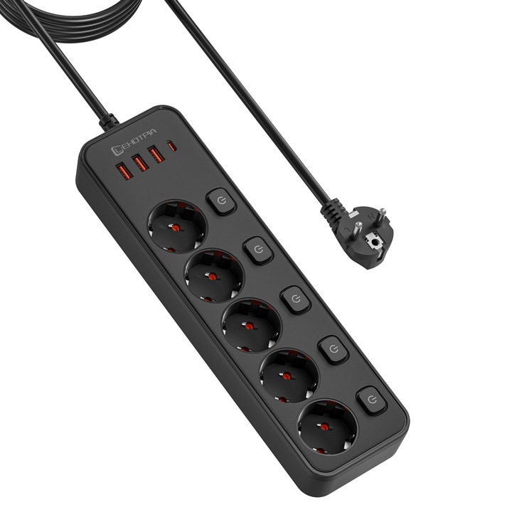 Prelungitor, LEHOTPIA, 2500W, Protectie Copii, Protectie Supratensiune, 5 Prize AC, 3 Porturi USB, 1 Port Type-C, Comutatoare Independente, 1.8m, Negru