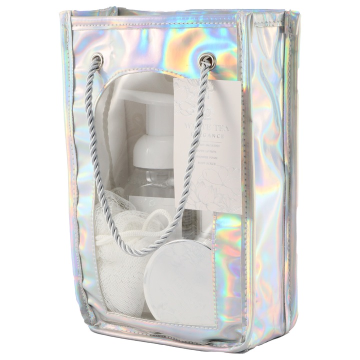 Tusfürdő/testápoló/hámlasztó/fürdőszivacs készlet, Aurora, Fehér tea, 270ml/240ml/50ml