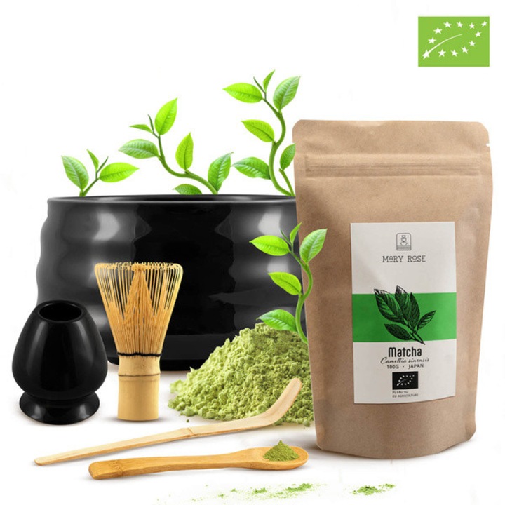 Matcha Bio Tea Készlet, Mary Rose, Japán, Zöld Tea, 100g, Tradicionális, Chasen, Chashaku, Fekete Tál, 500ml