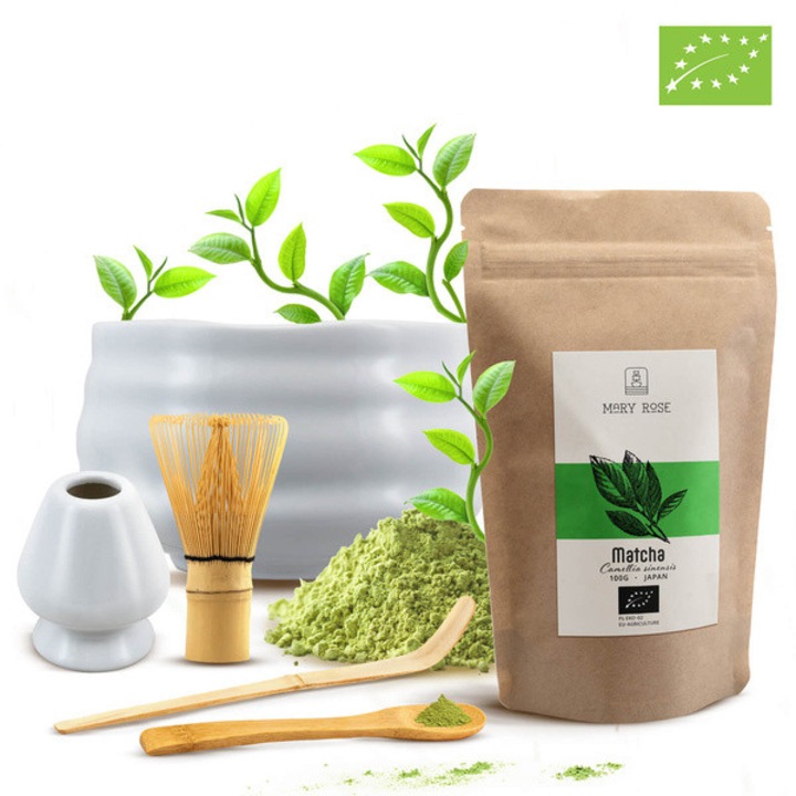 Matcha Bio Tea Készlet, Mary Rose, Japán, Zöld Tea, 100g, Tradicionális, Chasen, Chashaku, Fehér Tál, 500ml