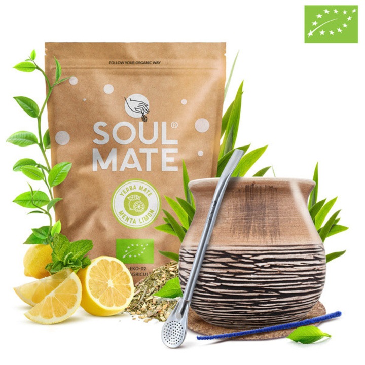 Yerba Mate Tea Bio Készlet, Soul Mate Menta Limon Levegőn Szárított, Enyhe, 500g, Kerámia Bögre 375 ml, Bombilla