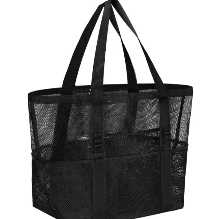Голяма мрежеста плажна чанта, черна, голям капацитет, комплект за цялото семейство