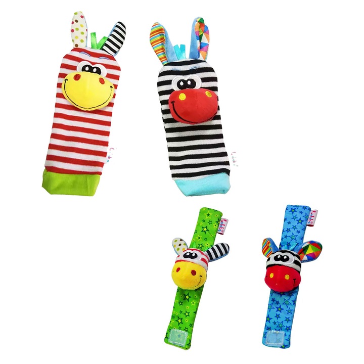 Csukló- és bokacsörgő készlet, érzékszervi játékok 0-12 hónapos csecsemőknek, puha anyagból, hímzett mintával, uniszex