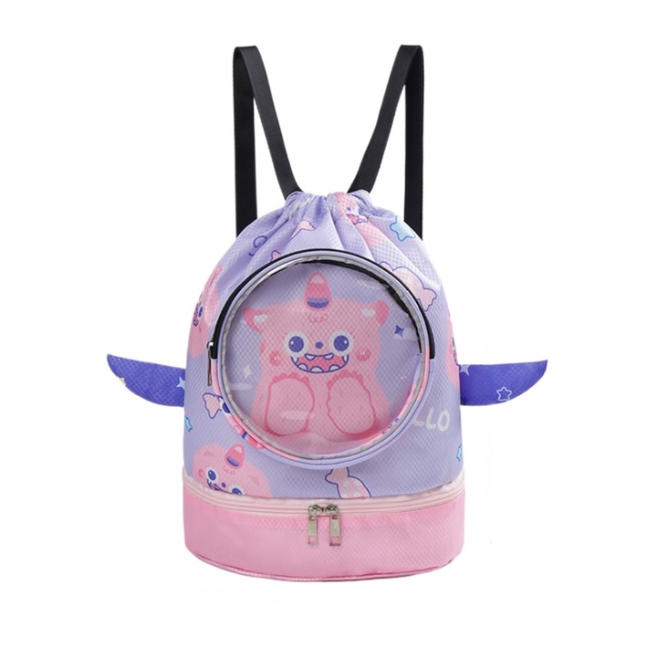 Детска чанта за плуване, розова, 25x13x35см, разделяне на мокро/сухо, дизайн с анимационен герой