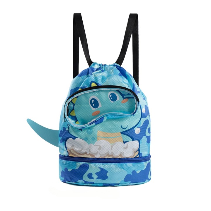 Детска чанта за плуване, синя, 25x13x35см, със сухо и мокро отделение, дизайн с дракон