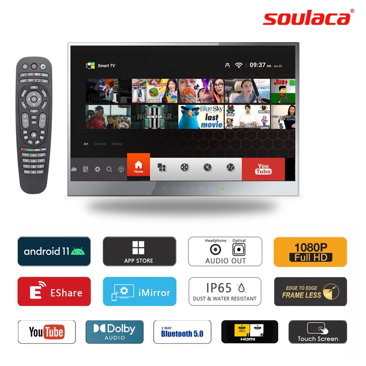 Televizor Smart Soulaca 22 inch, oglinda impermeabila IP66, Full HD 1920x1080, Bluetooth, Android 11.0