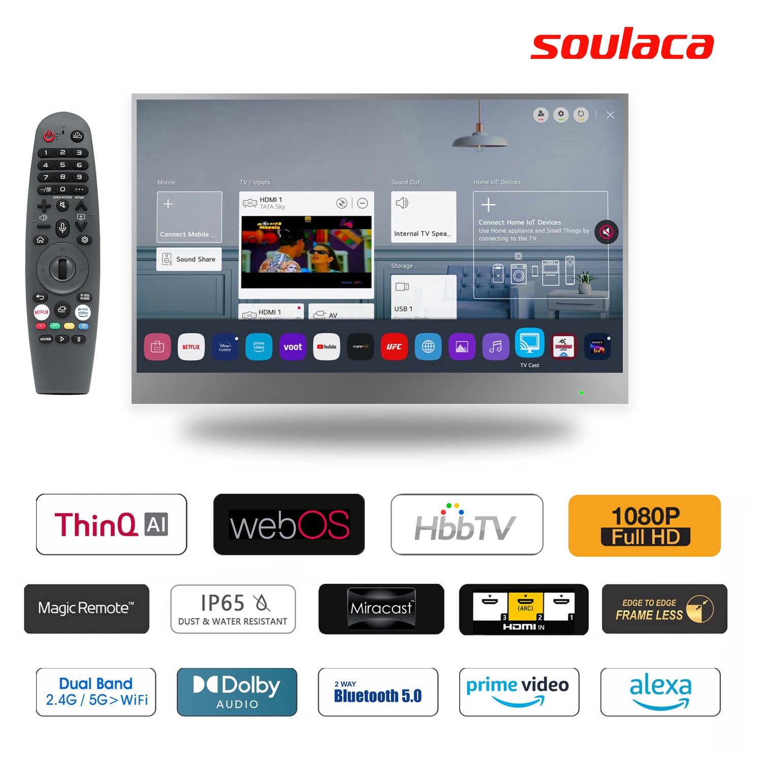 Televizor Smart Soulaca 68 cm, Full HD, Waterproof, Wi-Fi, Bluetooth, cu control vocal, montare pe perete